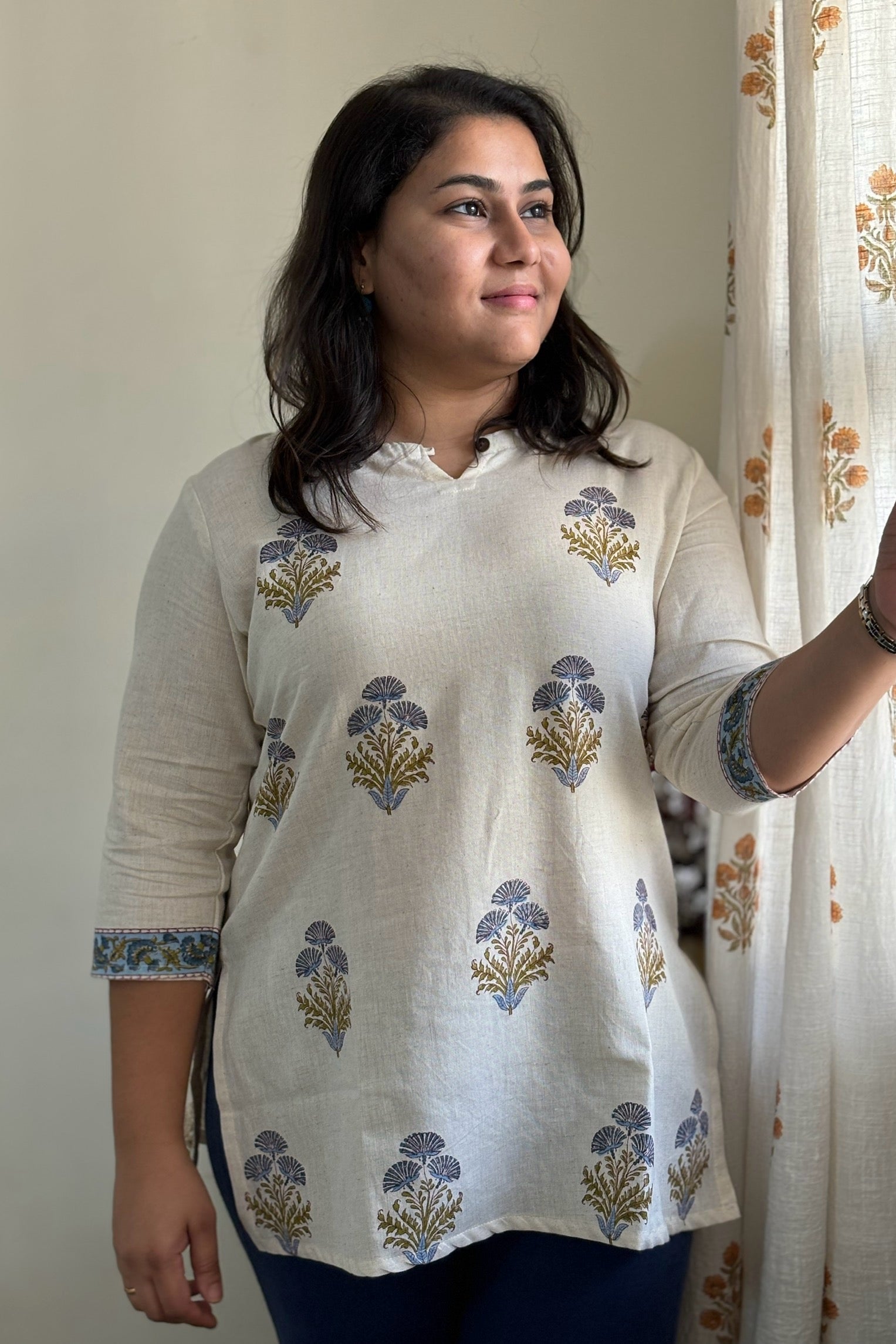 Blue_Mughal_floral_buta_hand_block_printed_cotton_round_neck_with_slit_kurti_top_1