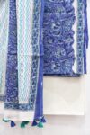 Blue and white block printed cotton dress material with dupatta