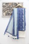 Blue and white block printed cotton dress material with dupatta