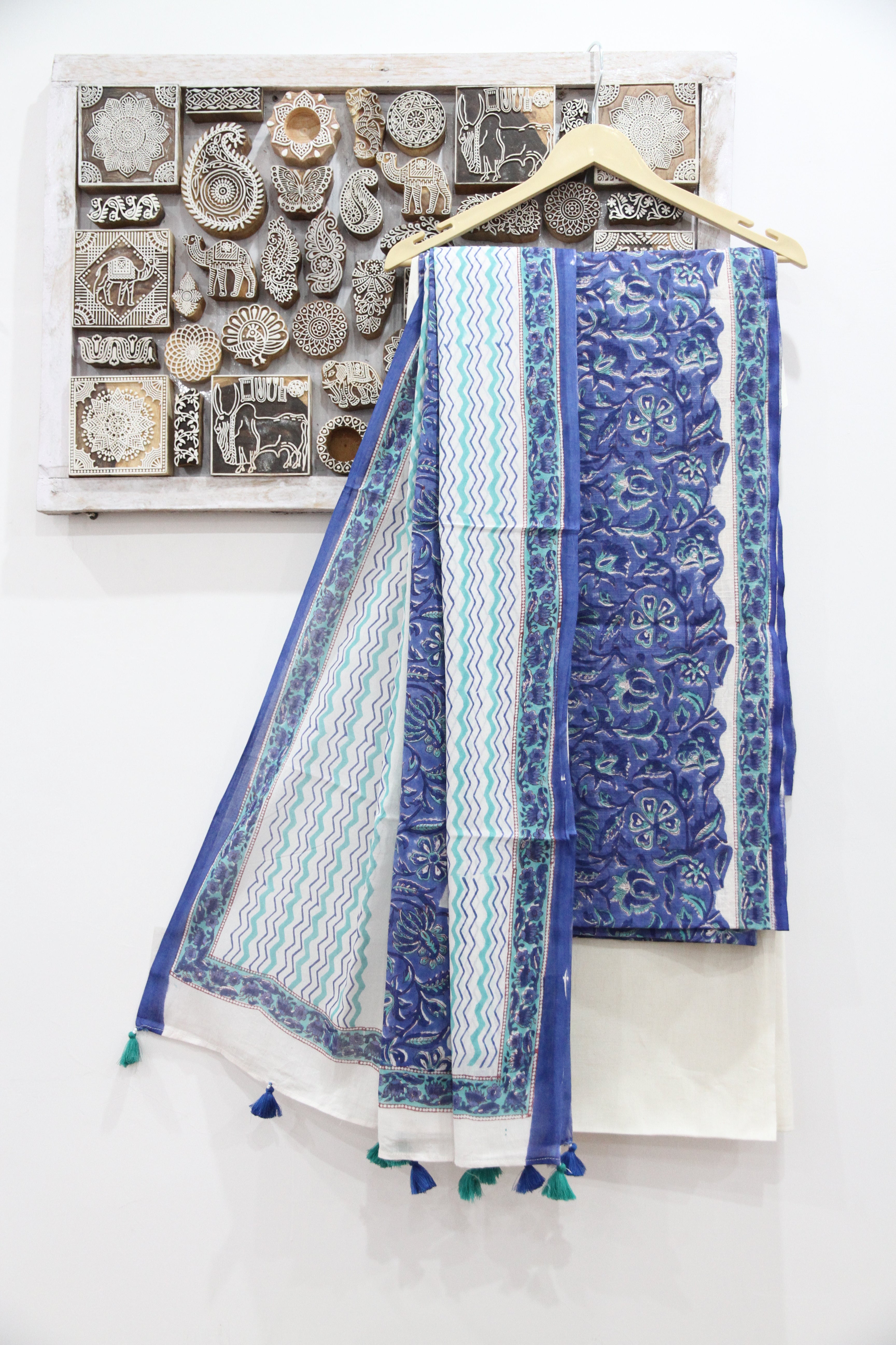 Blue and white block printed cotton dress material with dupatta
