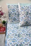 Blue and white block printed floral bedsheet with pillow covers