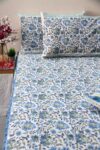 Blue and white block printed floral bedsheet with pillow covers
