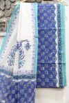 Blue and white motifs block printed cotton dress material with dupatta