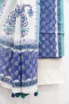 Blue and white motifs block printed cotton dress material with dupatta