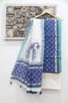 Blue and white motifs block printed cotton dress material with dupatta