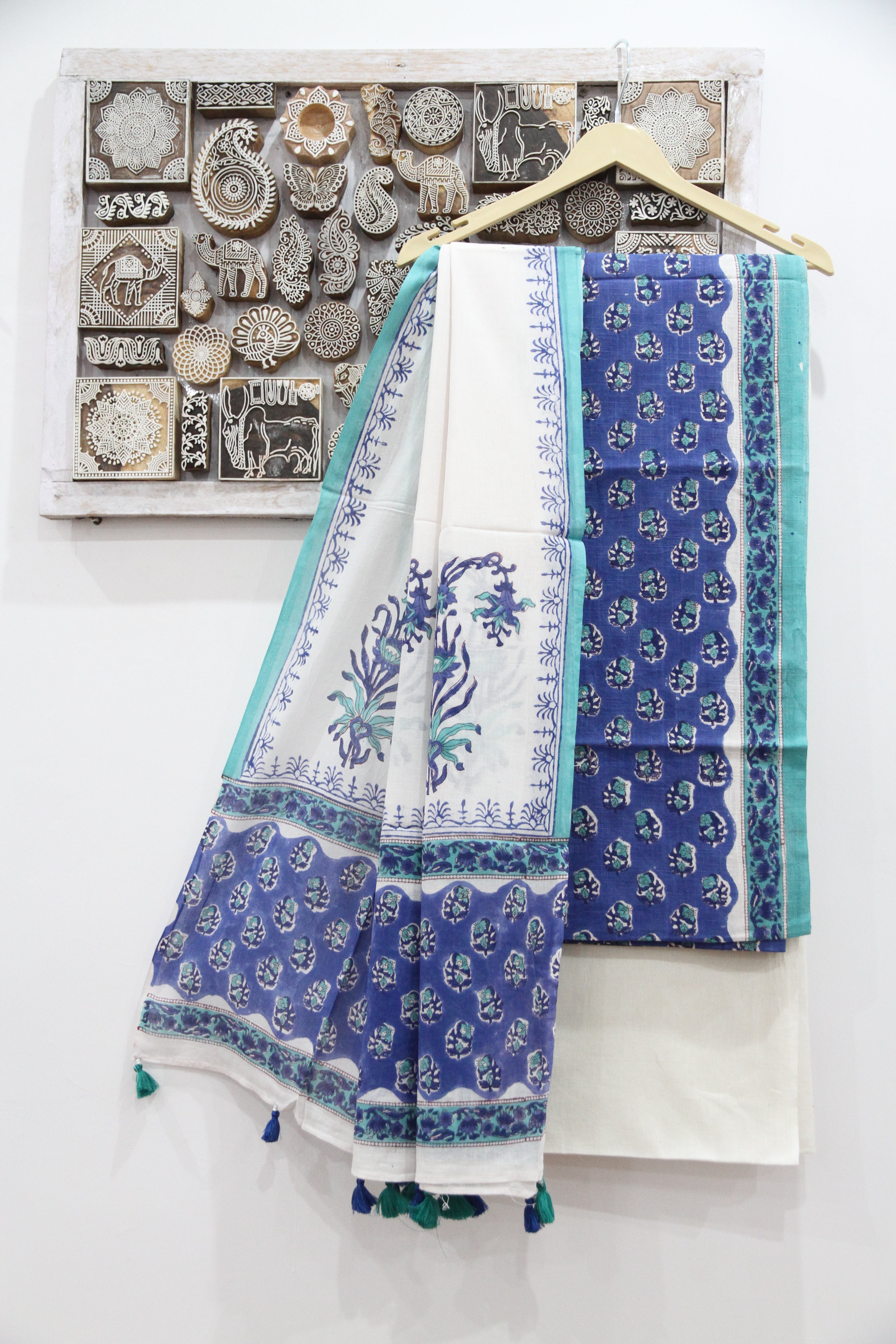 Blue and white motifs block printed cotton dress material with dupatta