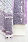 Lavender and white block printed cotton dress material with dupatta
