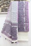 Lavender and white block printed cotton dress material with dupatta