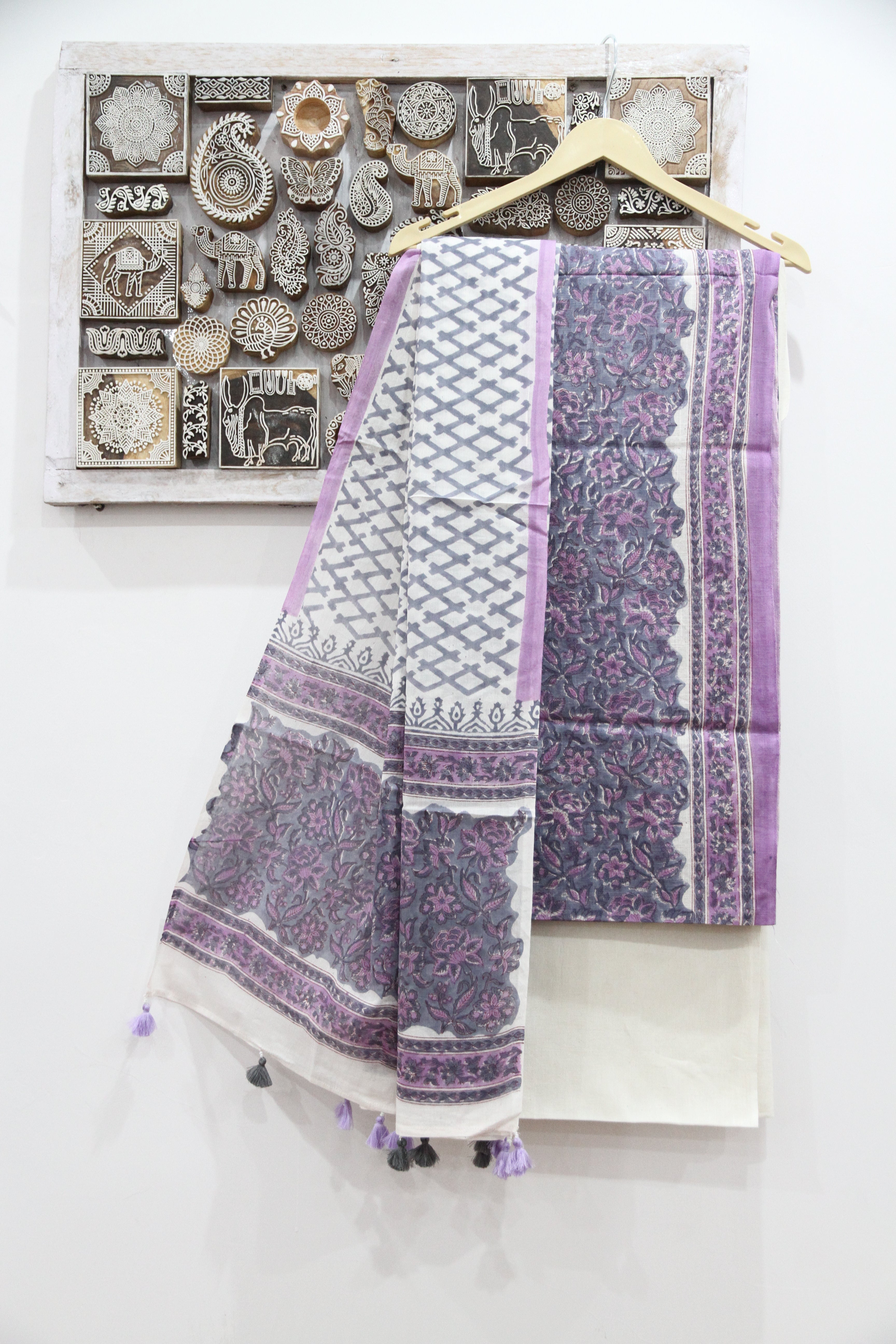 Lavender and white block printed cotton dress material with dupatta