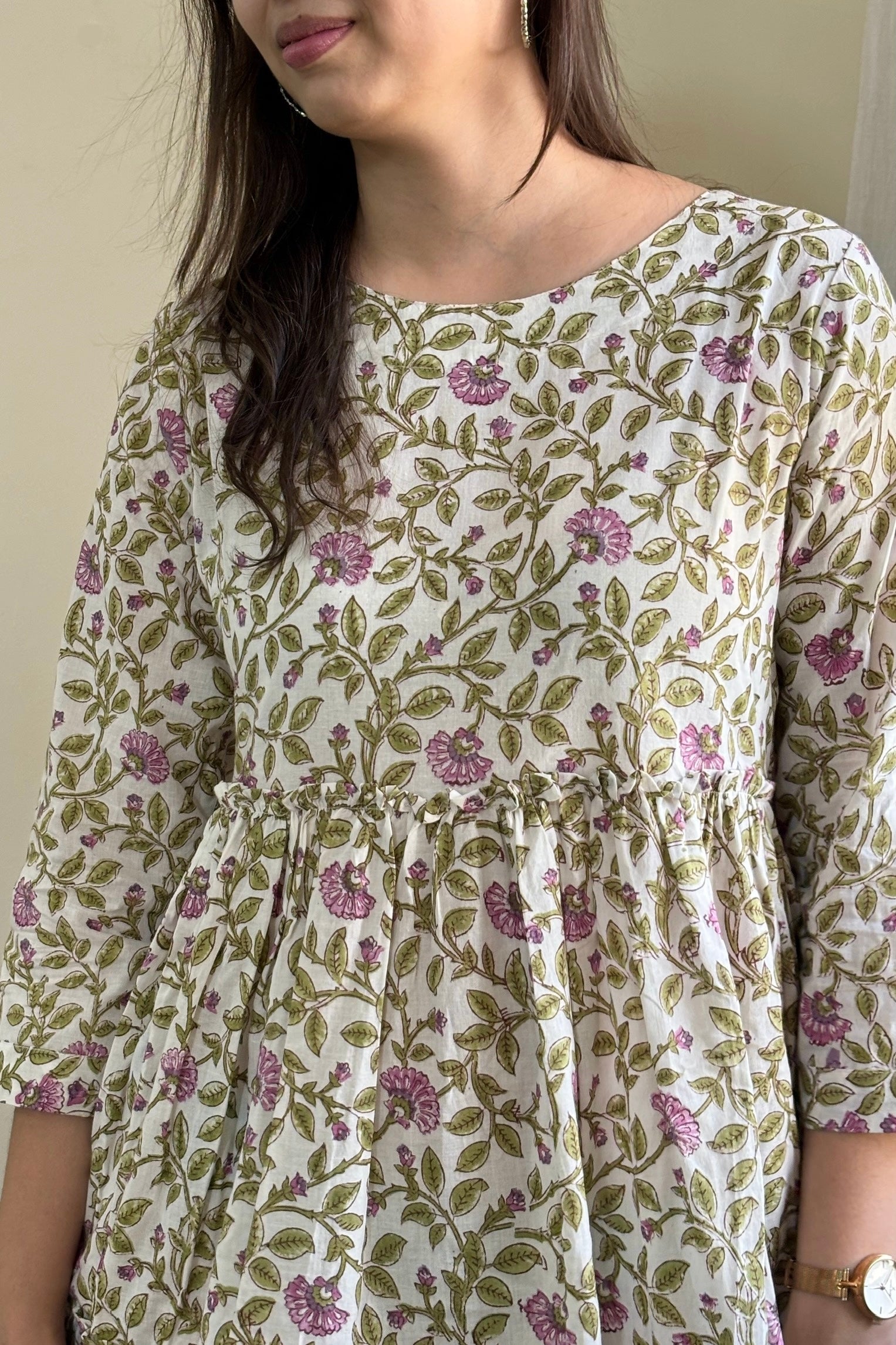Lavender_floral_jaal_hand_block_printed_cotton_tiered_dress_with_close_round_neck