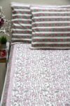 Pink and green lotus block printed cotton bedsheet with pillow covers