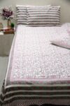Pink and green lotus block printed cotton bedsheet with pillow covers