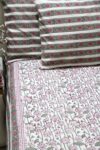 Pink and green lotus block printed cotton bedsheet with pillow covers
