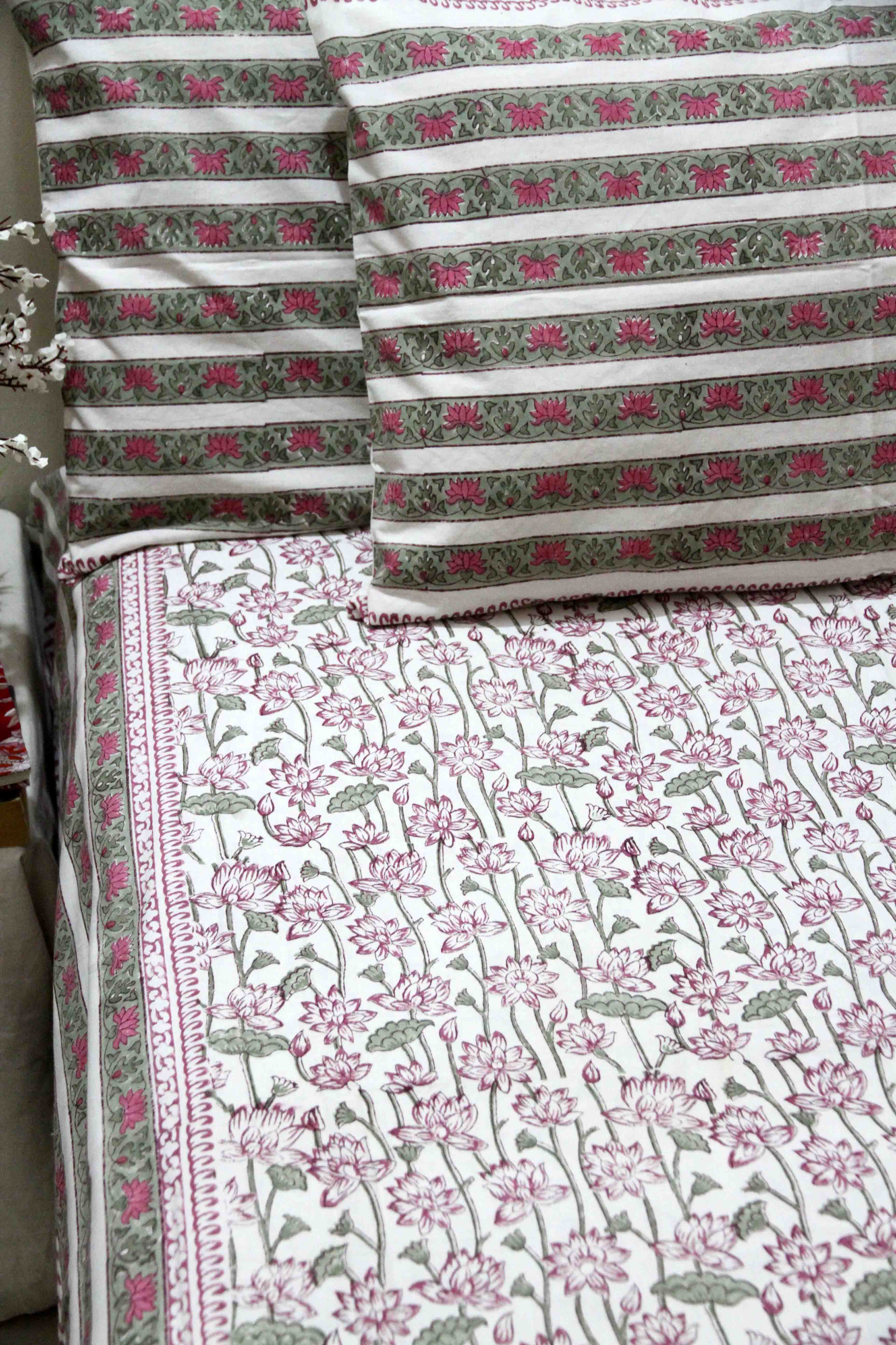 Pink and green lotus block printed cotton bedsheet with pillow covers