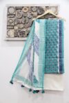 Teal and white block printed cotton dress material with dupatta