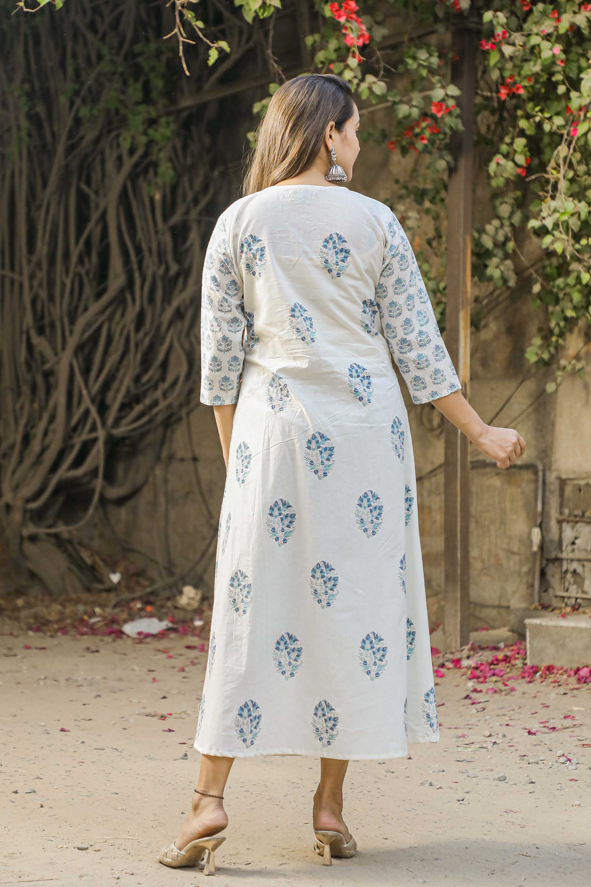 Indian Hand block Printed order Long Gown Dress For Women, Block Print Dress & Tunics, Hand Printed Dress, Women White Cotton Long Gown