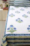 White and blue motifs block printed cotton bedsheet with pillow covers