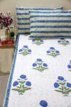 White and blue motifs block printed cotton bedsheet with pillow covers