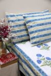 White and blue motifs block printed cotton bedsheet with pillow covers