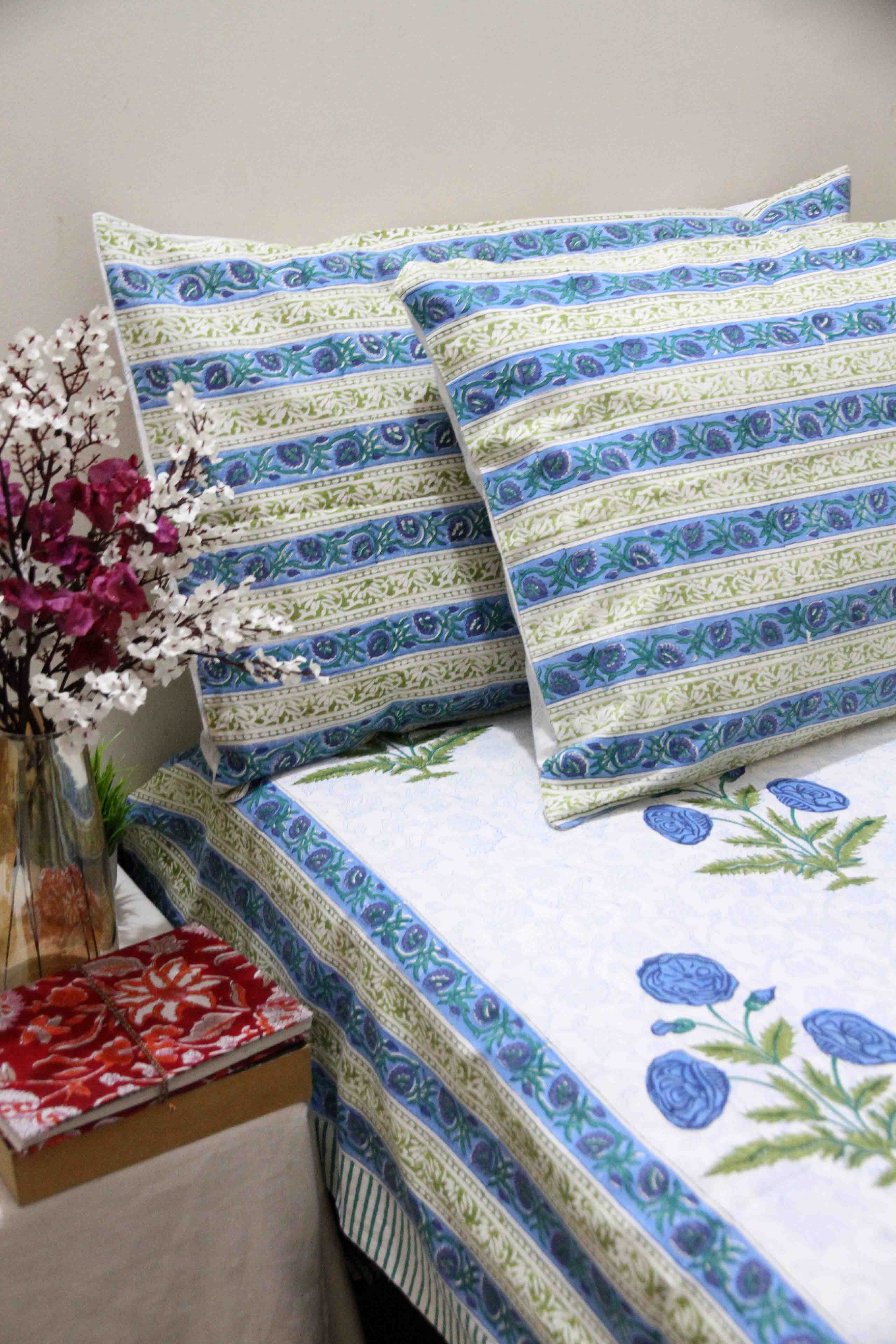 White and blue motifs block printed cotton bedsheet with pillow covers
