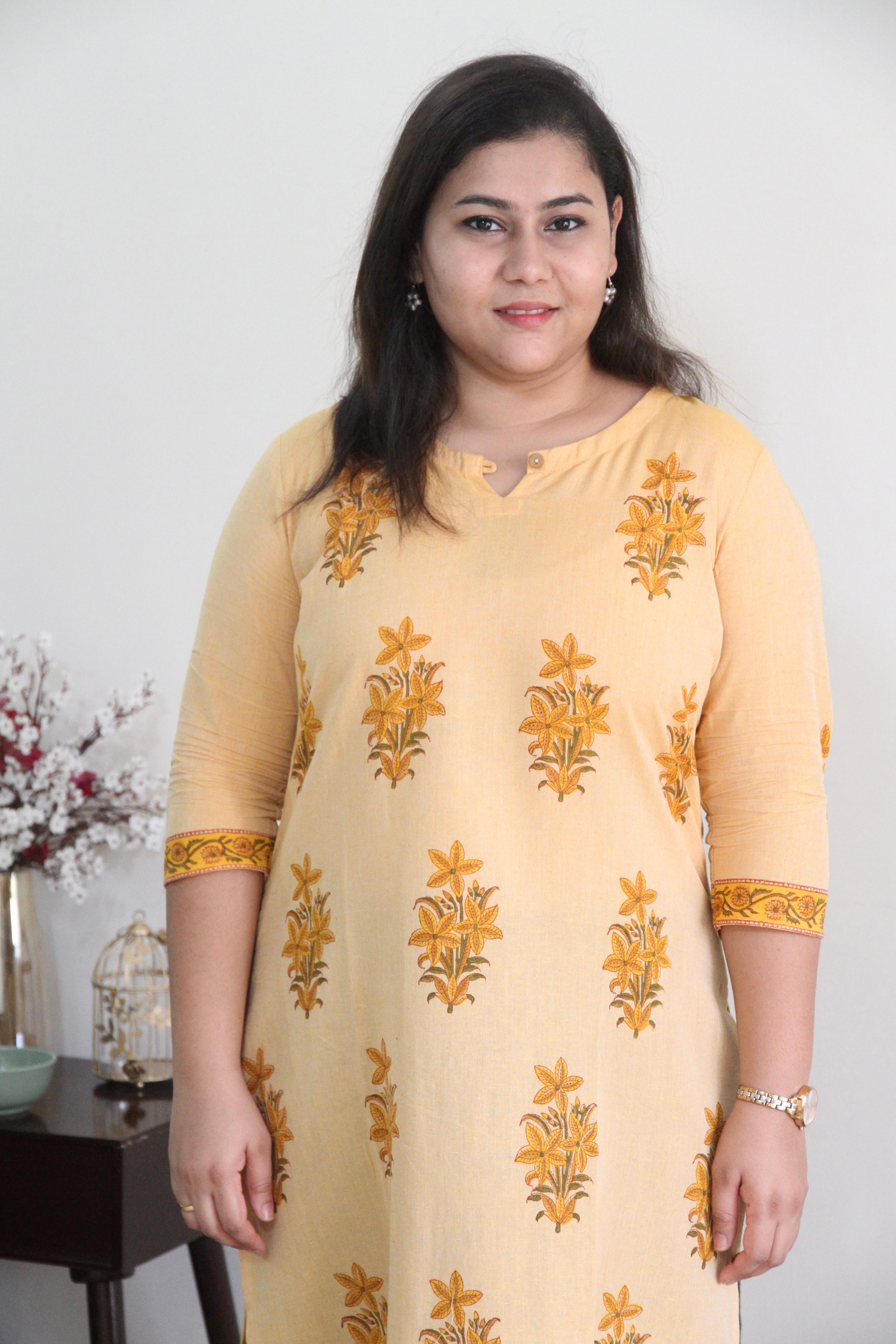 Yellow_Mughal_buta_hand_block_printed_cotton_straight_kurta_with_border_and_slit_round_neck_3