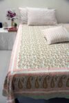 orange and green floral block printed cotton bedsheet with pillow covers