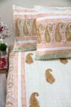 orange and white booti block printed cotton bedsheet with pillow covers