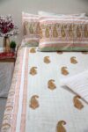 orange and white booti block printed cotton bedsheet with pillow covers
