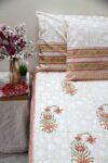 orange and white floral block printed cotton bedsheet with pillow covers