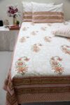 orange and white floral block printed cotton bedsheet with pillow covers